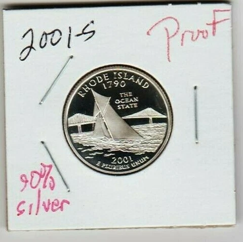 2001 S Rhode Island PROOF 90% Silver STATE QUARTER 1790 Ocean Boat LOW MintaST R Cover