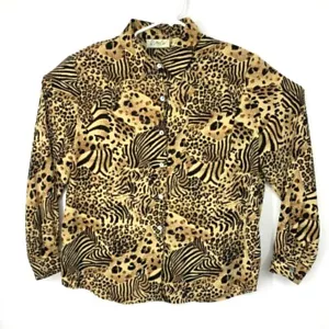 Kathy Che Womens Black Brown Long Sleeve Animal Print Shirt Top Size 1X - Picture 1 of 8