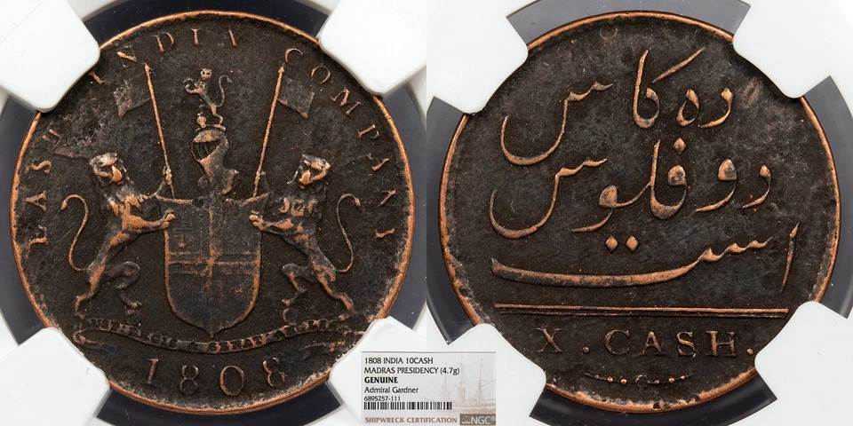 INDIA Madrás Presidencia 1808 10 efectivo Almirante Gardner Naufragio NGC Genuino #A Foto 1 de 1