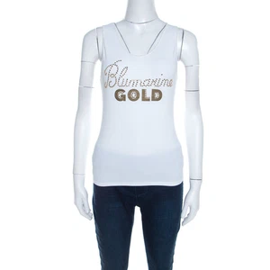 Blumarine White and Gold Embellished Stretch Cotton Sleeveless Top - Picture 1 of 6
