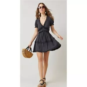Mi Ami Black Puff Sleeve Vneck Ruffled Mini Dress Size Small Little Black Dress - Picture 1 of 9