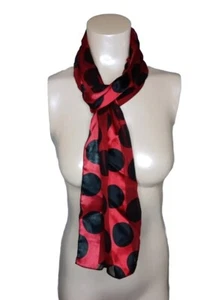 Women's Satin Scarf Red Striped With Black Dots Rectangle 13" X 70" - Picture 1 of 9