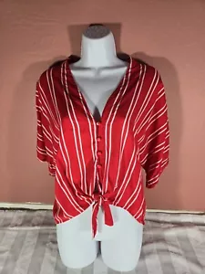 Mustard Seed Womens V-Neck Knot Tie Hem Cropped Red White Striped Button Front L - Picture 1 of 11