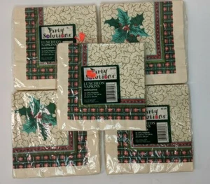 Five Packs 16 Vtg Christmas Party Paper Luncheon Napkins Holly Plaid 3-ply - Picture 1 of 5