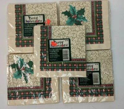 Five Packs 16 Vtg Christmas Party Paper Luncheon Napkins Holly Plaid 3-ply - Image 1 of 4