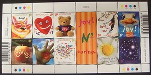 2003 SINGAPORE GREETINGS STAMPS SHEET OF 10 CAT BEAR OSTRICH HEARTS FLOWER BIRD - Picture 1 of 1