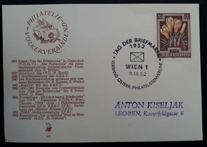 1952 Austrian Philatelic Clubs Postcard ties 30+10G stamp with Stamp Day cachet - Picture 1 of 2