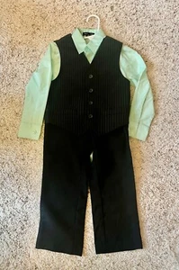 Boy’s 3 piece suit size 4 by George. Green shirt, black pants, striped vest - Picture 1 of 12