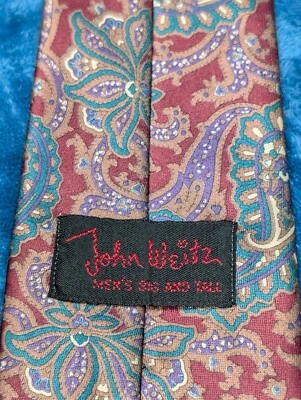 Gravata JOHN Weitz vermelha e verde paisley e flores rosa gola de algodão extra longa - Imagem 1 de 4