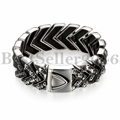Brazalete grande gótico retro para hombre de acero inoxidable con calavera de cadena de motociclista 8,5" Foto 1 de 4