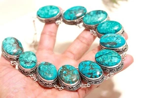 Natural Tibetan Turquoise Gemstone 925 Sterling Silver Big Necklace Vintage - Picture 1 of 4