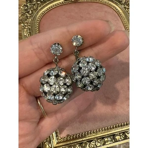 Vintage Signed Rhinestone Crystal Ball Clip On Earrings Silver Tone - Picture 1 of 6