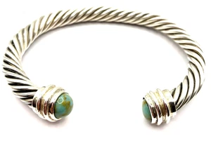 Sterling Silver / 925 Turquoise Cable Cuff 7 mm Bracelet - Picture 1 of 10
