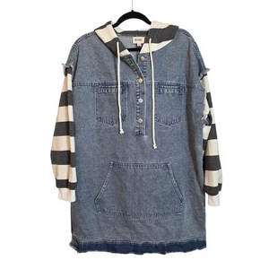 BiBi Women's Small Denim Hooded Dress Gray White Stripe Sleeves Pockets 054 bin - Picture 1 of 13