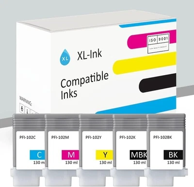 Compatible PFI-102 5-Set Inks PFI-102MBK/BK/C/M/Y for Canon PFI-102 - Image 1 of 4