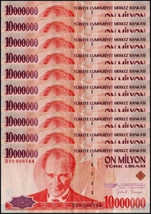 Turkey 10 Million Lira, L.1970 (1999), P-214, Used X 10 PCS - Picture 1 of 2