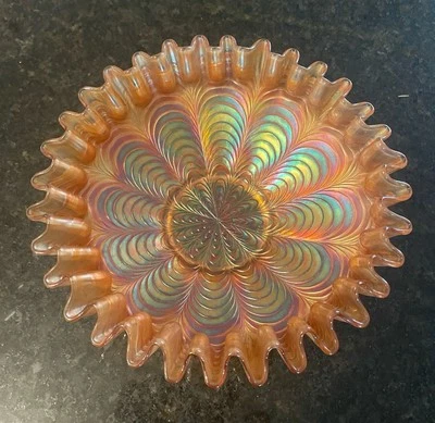 Vintage Fenton Peacock Tail Carnival Glass Bowl Crimped Edge 8 Inch~ Iridescent - Image 1 of 4