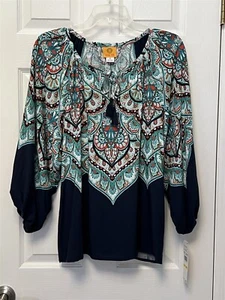NWT Ruby Rd Size M Navy Blue & Teal Tassel Tie Medallion Placed Peasant Top $65 - Picture 1 of 10