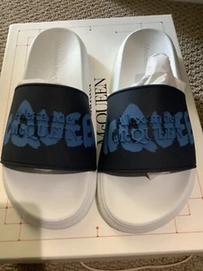 NEU ALEXANDER MCQUEEN DAMEN SANDALEN SLIDE GUMMI SLIDER BLAU LOGO - GRÖSSE 7 - Bild 1 von 6