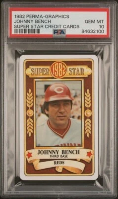 1982 PERMA-GRAPHICS SUPER STAR CREDIT CARDS JOHNNY BENCH HOF PSA 10 Reds - Image 1 of 2