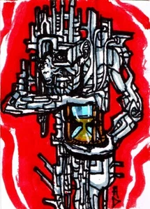 ACEO - ORGINAL DRAWING - Outsider Abstract Surreal Art - TIME IS RUNNING OUT - Picture 1 of 2