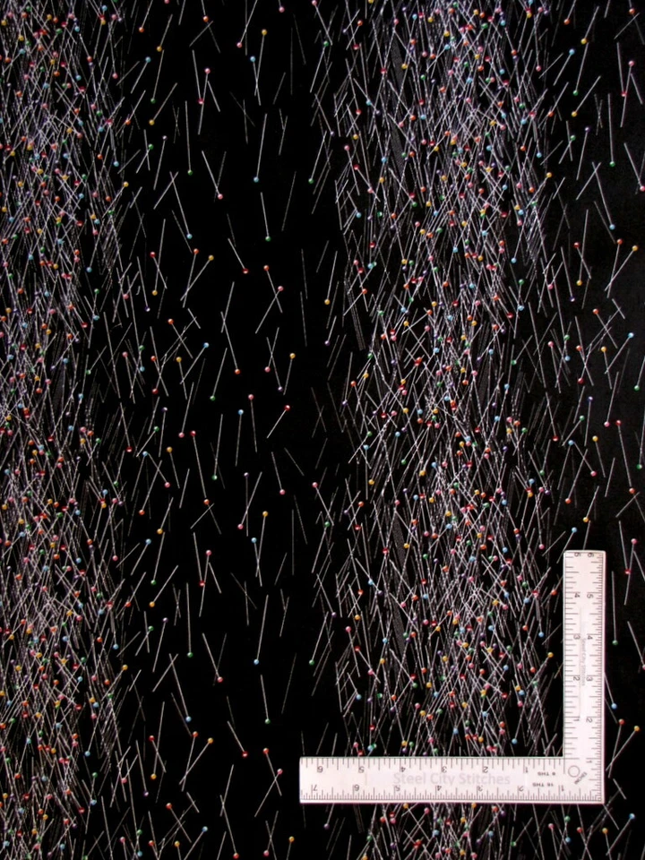 Alfinetes de tecido tema de costura agulhas listras algodão preto lona estúdio Benartex quintal - Imagem 1 de 3