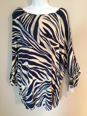 Nuevo con etiquetas Top de Noche Chaps Azul y Crema Brumoso con Mangas 3/4 Atadas Talla Grande 2X     Foto 1 de 4