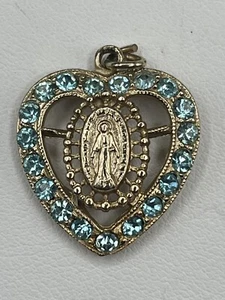VTG Miraculous Virgin Mary Pendant Gold Tone Heart Shape Aquamarine Stones #386 - Picture 1 of 5