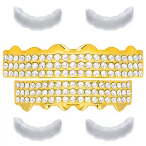 Hip Hop Full Iced GRILLZ SET Gold Tone Top Bottom Caps Teeth LS030 G 2 extra Bar - Picture 1 of 4