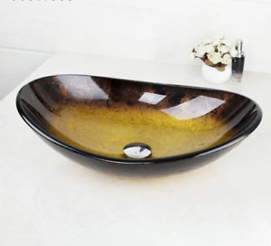 Oval Glass Vessel Vanity Washbasin Bathroom Sinks with Pop Up Drain Hand Painted
