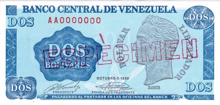 Venezuela UNC Note 2 Bolivares 1989 Specimen Emergency Note *Tinoquito* New - Image 1 of 4