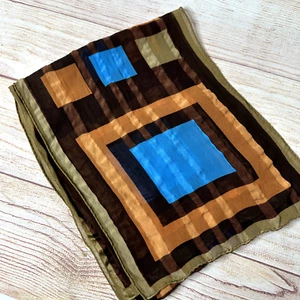 Brown Orange Teal Sheer Stripe Geo Squares Women's Scarf Head Hair Wrap - Picture 1 of 6
