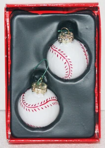 CHRISTMAS ORNAMENT BASEBALL 2 TWO EACH BOX GLASS BALLS STITCHES HANGING BLACK - Picture 1 of 1