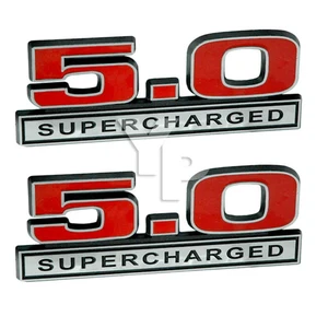 Red & Chrome 5.0 Liter 302 V8 Supercharged Emblem Badge Logo - 5" Long Pair - Bild 1 von 1