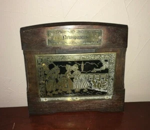 Vintage Wood Brass Newspaper Holder Wall Mounted Hanging Dutch Image - Picture 1 of 6