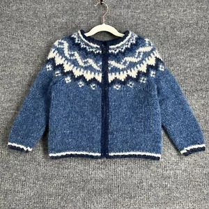 Handknitting Association of Iceland Kids Wool Sweater Sz 5 Blue Fair Isle Zip Up - Picture 1 of 10