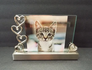 Glass Photo Frame with Brushed Satin Metal Stand, Hearts & Rhinestones Fits 4x6 - Picture 1 of 12