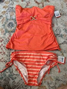 Michael Kors Tankini 2 Piece Strapless Swimsuit Orange Stripe XS NWT! 🧡
