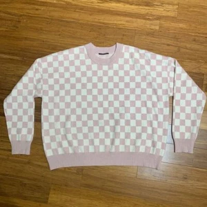 Suéter T Tahari Mujer XL Rosa Blanco Cuadros Gran Tamaño Tejido Pullover Invierno - Imagen 1 de 6