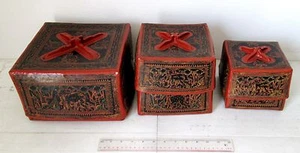Antiguo Juego 3 en 1 Bagan Laca Budista Monje Cajas de Oferta Diseño Elefante - Imagen 1 de 7