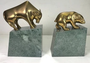 Vintage Set of Wall Street Bear & Bull Brass Marble Book Ends - Picture 1 of 14