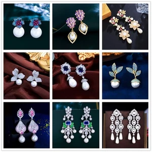 Orecchini perle zirconi placcati argento pendenti goccia perno cerchio donna gioielli - Foto 1 di 570