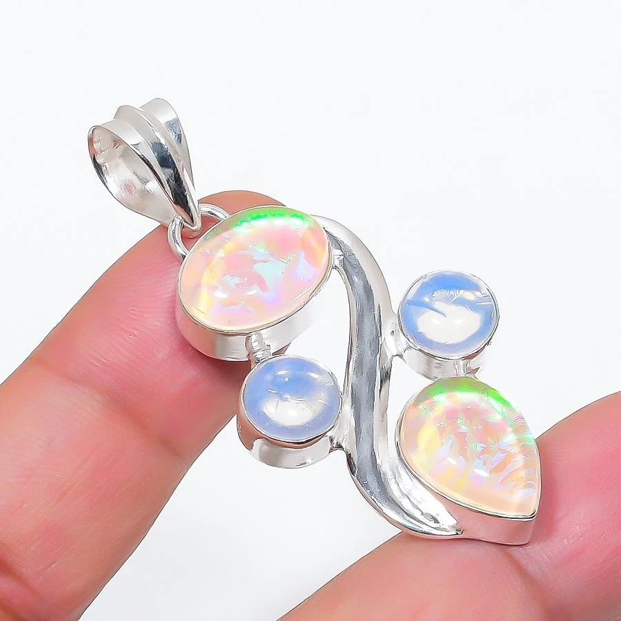 Triplet Opal & Opalite Gemstone 925 Sterling Silver Jewelry Pendant Size 2" - Image 1 of 1