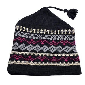 VTG Vermont Originals Wool Beanie Womens Black Knitted Paisley Peruvian Fringe - Picture 1 of 6