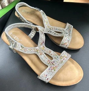 Silber Strass Slingback Sandalen elastische Knöchelriemen Damen Boho Schuhe Größe 9 - Bild 1 von 4