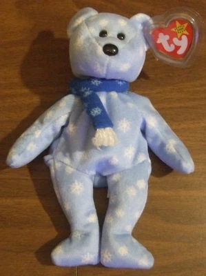 Ty Original Beanie Baby 1999 Holiday Teddy Bear light blue snowflakes scarf - Image 1 of 4