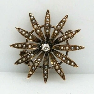 ANTIGUO PIN STARBURST ÉPOCA VICTORIANA ORO AMARILLO 10KT CON SEMILLAS DE PERLAS Y DIAMANTES - Imagen 1 de 6