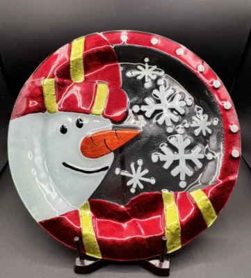 "Plato redondo de vidrio prensado de 15"" muñeco de nieve copo de nieve plato de invierno pintado al revés 3D" Foto 1 de 4