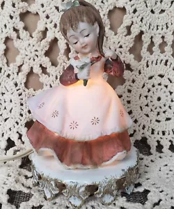 Lefton Figurine Girl Table Lamp Light Pinafore Dress Vintage Underwriters Lab - Picture 1 of 7