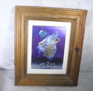 Vintage Style Howling Wolf Wolves Etched Foil Art Wood Braided Framed Print 14"H - Picture 1 of 7